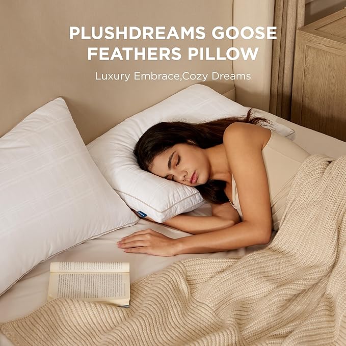 Bedsure Luxury Goose Feathers Down Pillow - 300 Thread Count Cotton Cover Gusseted Hotel Collection Bed Queen Pillow, Ultra-Soft High Elasticity Sorona Fiber Layer Pillows (1, Peyote, Queen)