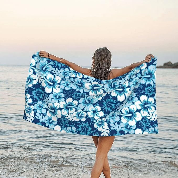 Beach Towel, Blue Hibiscus Floral Beach Towel Oversized Sand Proof Absorbent, Quick-Dry Bath Pool Swim Towel for Shower Spa Vacation, 29.5” X 59”