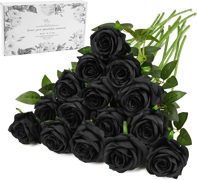 Black Fake Roses Artificial Flowers - 16 Pcs Fake Artificial Roses Silk Flowers with Stems for Home Wedding Hotel Office Centerpiece Decor