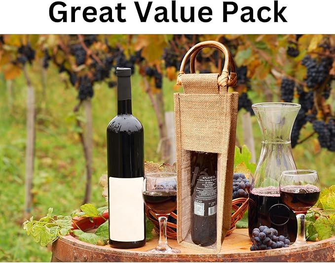 Bulap Wine Gift Bags with Window - 2 Pcs Natural Jute Wine bottle Carrier Bags for Birthday, Wedding, Anniversary, Party, Festival, Christmas Gift (2x Bags for 1-Bottle)