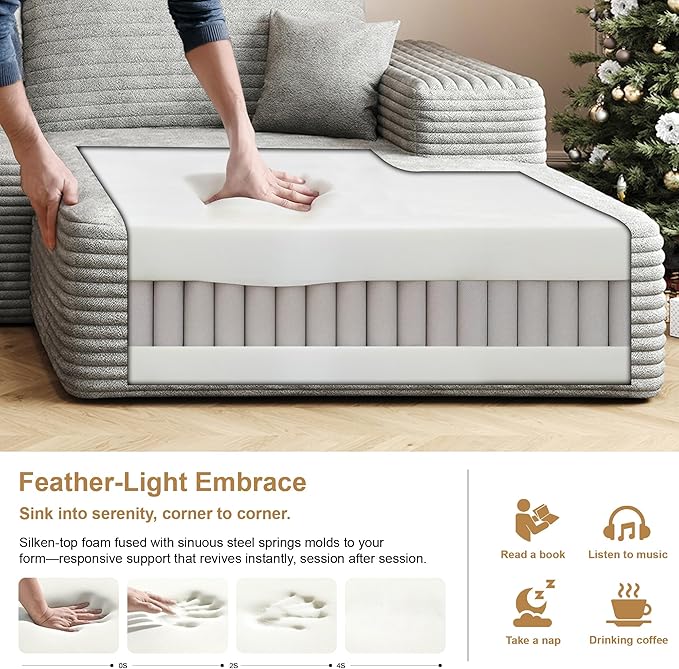 108" Sectional Couches for Living Room Modern Modular Sofa with L-Shape Couchs Upholstered Boneless Couch Deep Seat Sectional Couch with Chaise (Grey, Right Facing Chaise+2Seaters)