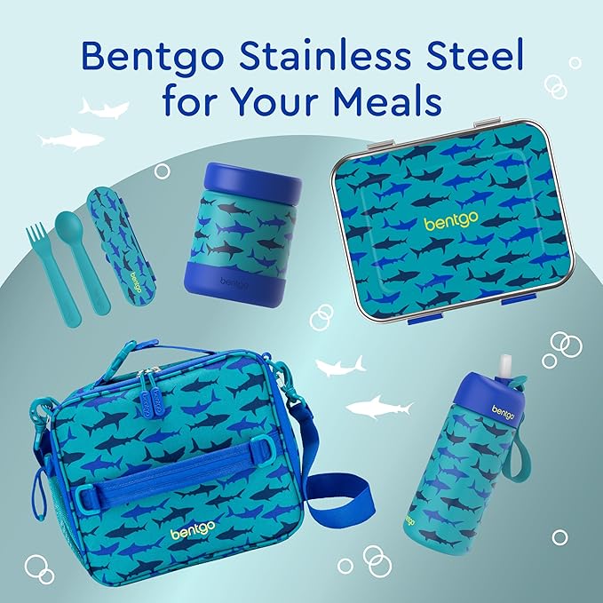 Bentgo® Kids Stainless Steel Insulated Water Bottle - Leak-Proof; Keeps Cool for 12 Hours; Durable, BPA-Free, Dishwasher Safe 14 oz. Cup for Ages 3+ for School/Sports/Daycare (Sharks)