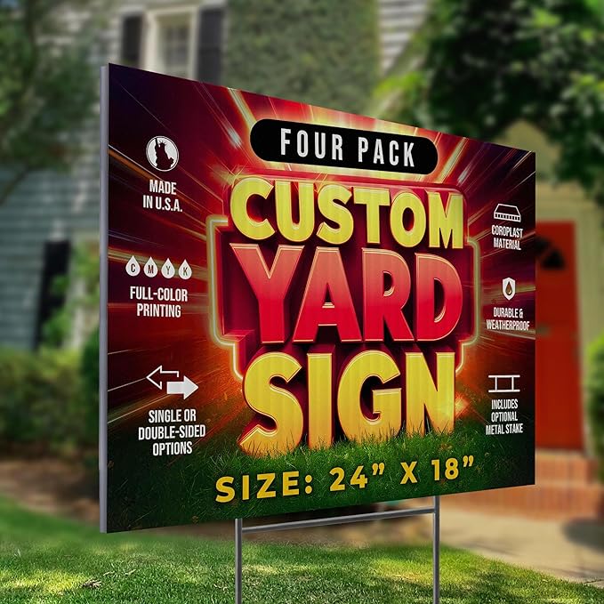 4 Pack 24"x18" Custom Yard Signs with Stakes, Personalized Yard Signs for Outdoors, Customized Full Color Print Corrugated Signs for Business