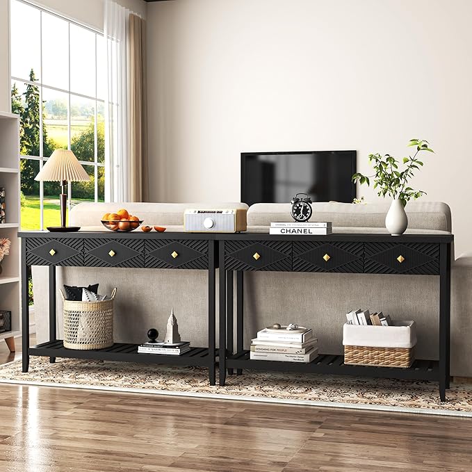 47" Console Table with 3 Drawers, Fluted Narrow Long Entryway Table with Storage Shelf, Accent Table for Entryway, Living Room, Behind Couch, Foyer, Hallway, Office