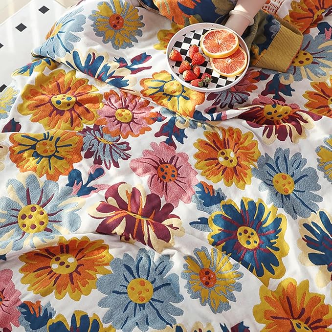 Boho Muslin Blanket for Adults 4-Layer Gauze Twin Size Soft Cozy 100% Cotton Summer Cooling Blanket Floral Decor for Sofa Bed Coverlet Both Sides (Daisy Floral, Twin 60 x 80 in)