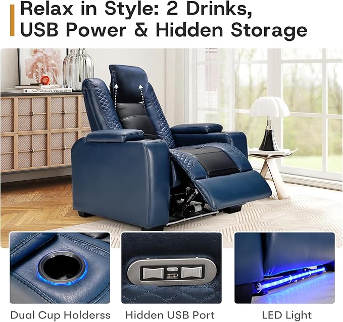 ANJ Power Home Theater Seating Set of 2, Blue Faux Leather Electric Recliner Chair with Powered Headrest, Dual Motors Movie Reclining Chairs with LED Lights,USB Port,Cup Holders, Hidden Arm Storage