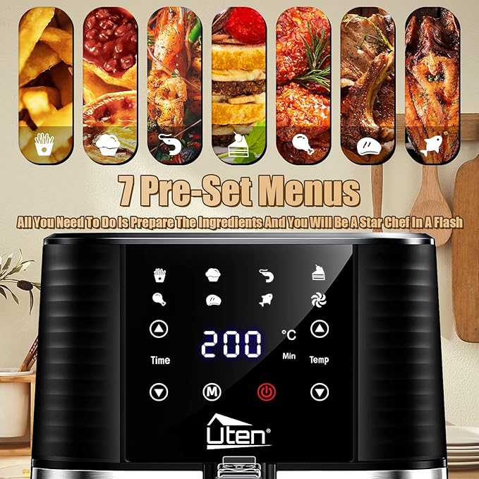 5.5L Air Fryer, Electric Oilless Cooker with LED Digital Touchscreen, 7 in 1 Uten Hot Oven Cooker, 6 Quart Large Stainless Steel Non-Stick Air Frier Pot, 1700W(Silver Black)
