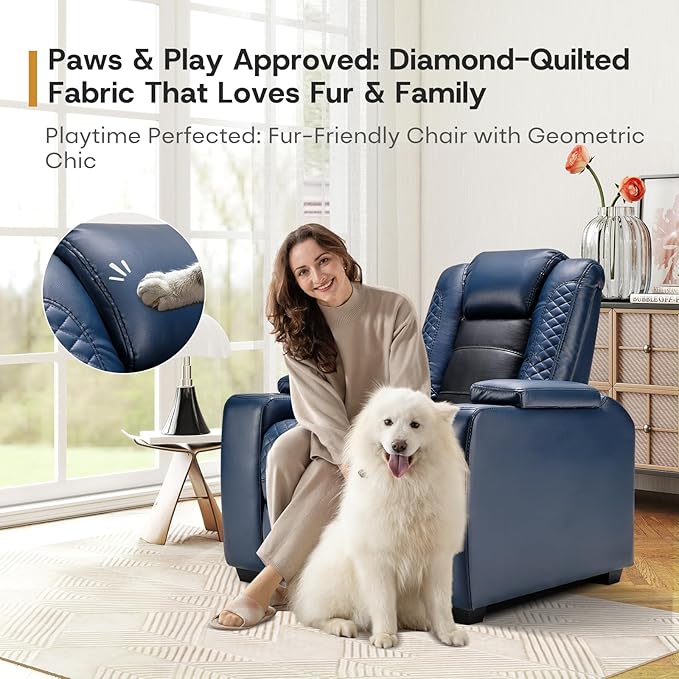 ANJ Power Home Theater Seating Set of 3, Blue Faux Leather Electric Recliner Chair with Powered Headrest, Dual Motors Movie Reclining Chairs with LED Lights,USB Port,Cup Holders, Hidden Arm Storage