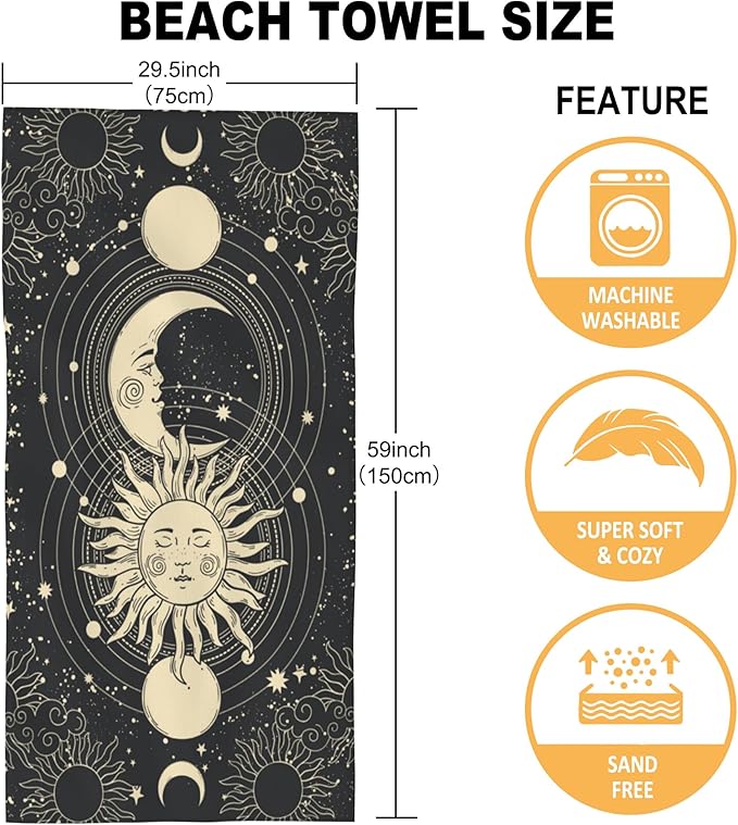 Beach Towel Oversized, Mystical Tarot Card Sun Moon Face Microfiber Beach Towels, Lightweight, Absorbent, Quick Dry, Sand-Free Beach Blanket, Unique Gift for Camping, Pool,Yoga, 29.5” X 59”
