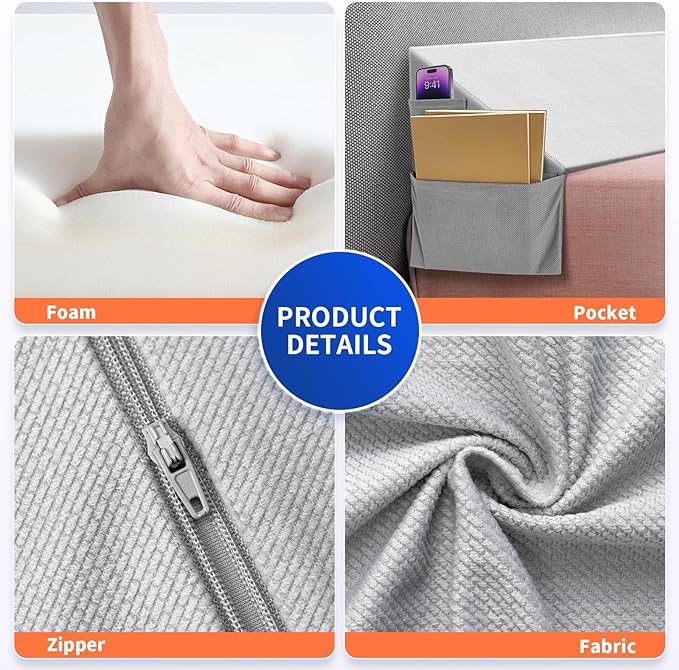 Bed Wedge Pillow for Headboard Gap, Queen Size Bed Wedge Gap Filler Mattress Wedge Filler(0-8") Triangle Bloster Pillow Wedge with 2 Side Pocket (60"x10"x6")