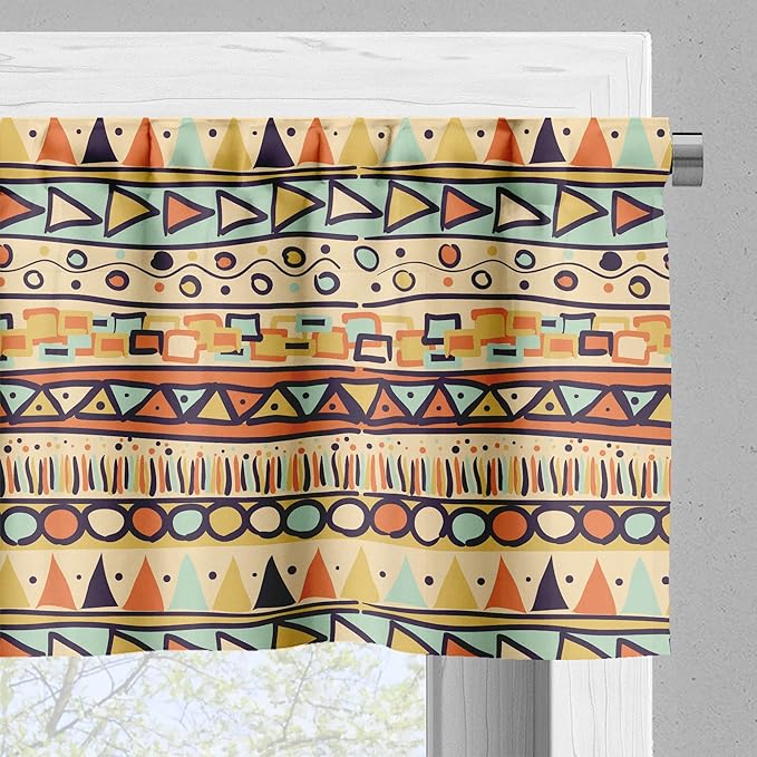 Ambesonne Prehistoric Valance & Tier Curtain 3 pcs Set, Mexican Style Doodles with Triangles Circles Folkloric Geometric Tribal, Window Treatments for Kitchen Room Decor, 55" x 45", Pastel Yellow