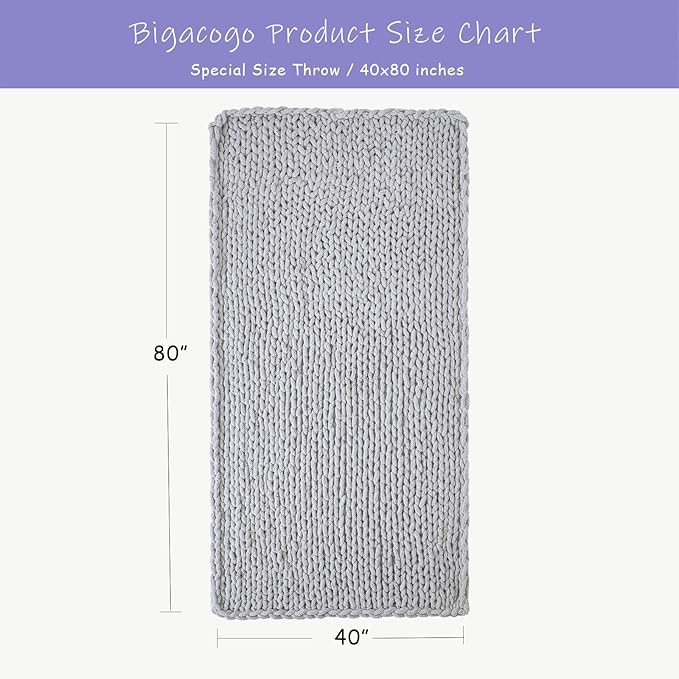 Bigacogo Chunky Knit Throw Blanket for Couch, 40x80 inches, 100% Hand Knitted with Thick Jumbo Chenille Yarn, Cozy Soft Large Rope Knot Cable Crochet Blankets for Sofa Bed Living Room, Light Grey