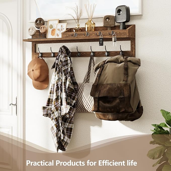 AMBIRD Coat Rack Wall Mount, 35 inch Large Wall Hooks with Shelf, Entryway Shelf with 7 Dual Coat Hooks 4 Key Hooks Mail Organizer, Wooden Coat Hanger and Key Holder Wall Mount