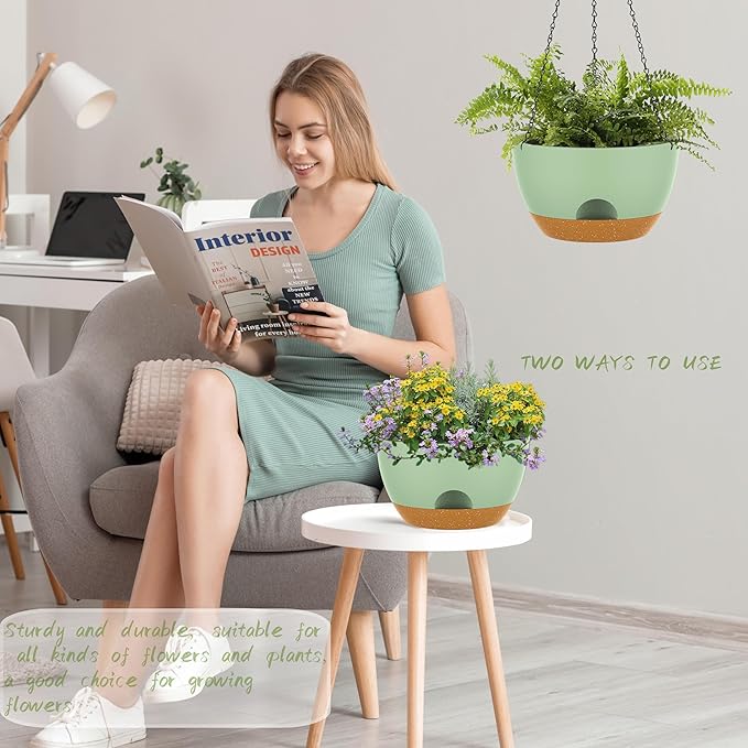 12 Inch Hanging Baskets 2 PC with Chains, Self-Watering Hanging Planters for Indoor Outdoor Plants, Plastic Hanging Flower Pots,Green Brown