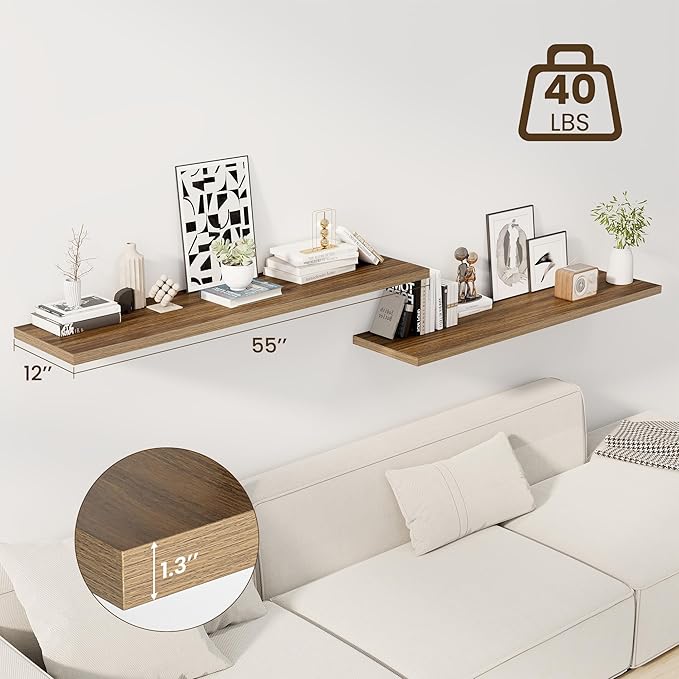 55" Floating Shelves for Wall, 12" Deep Slim Walnut Floating Shelves, Wall-Mounted Shelves for Bedroom, Living Room, Kitchen, Bathroom - Set of 2