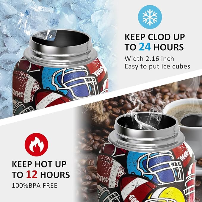 32 oz Football Water Bottle Insulated Vacuum Stainless Steel Sports Water Bottle with 2 Lids (Straw and Spout Lid) for Gym Camping Hiking