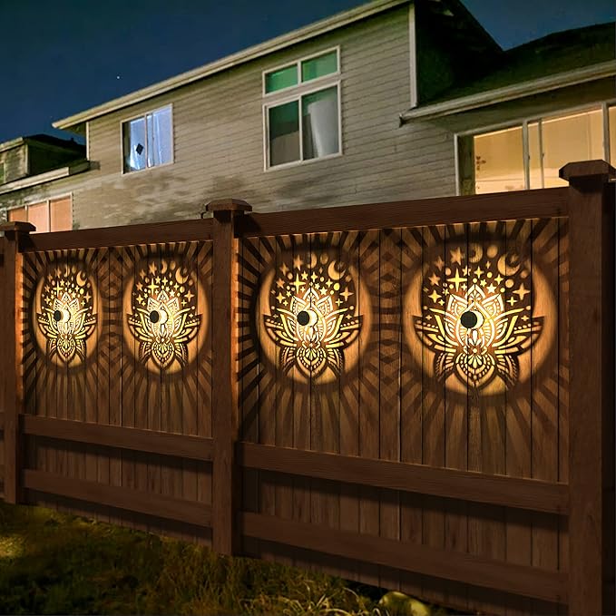 4 Pack Solar Fence Lights Metal Solar Powered Outdoor Wall Deck Lights Lotus Theme Waterproof Fence Light for Garden Post Patio Backyard Yard Decor (Lotus, 4 Pack)
