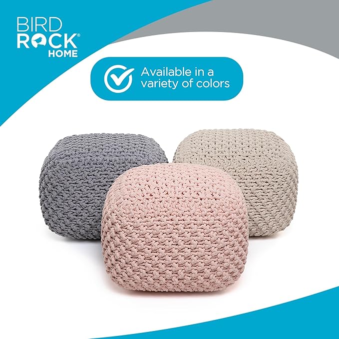 BIRDROCK HOME Square Pouf Ottoman | Cotton Braided Foot Stool with Bean Bag Filling | Boho Foot Rest for Living Room, Bedroom | Compact & Comfortable Seating, Lightweight & Sturdy | Dusty Rose