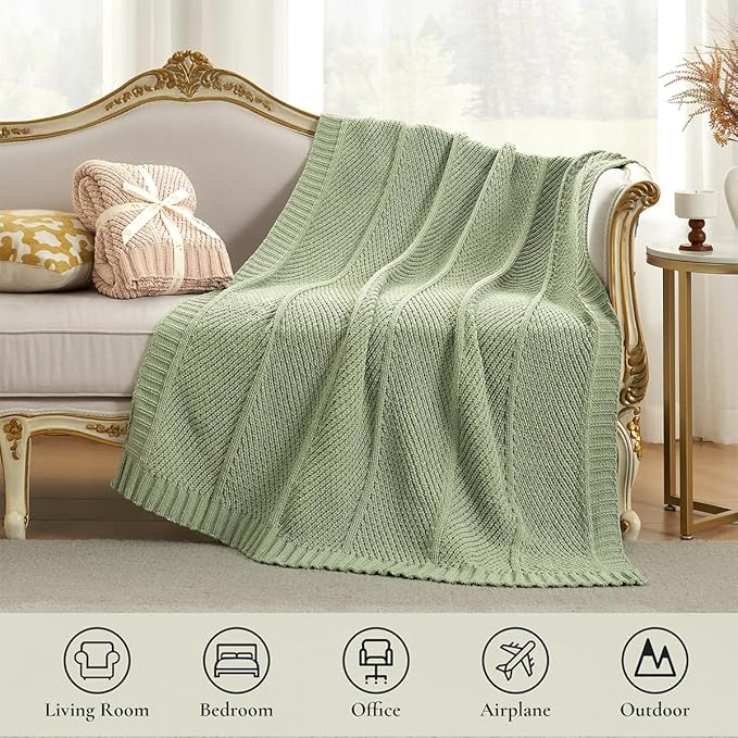 Amélie Home Chenille Knit Throw Blanket for Couch, Chevron Texture Decorative Soft Blanket for Sofa, Bed & Chair, 50"x60", Sage Green