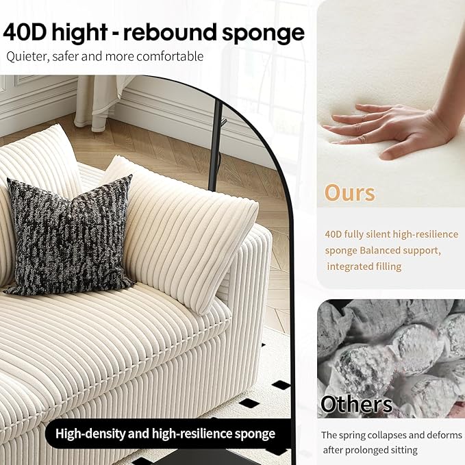 118" Cloud Couch Oversized Modular Sectional Sofa for Living Room,Modern Sofa with Deep Seat，V Shaped Boneless Couch,Comfy Upholstered Corduroy Couches for Apartment, Studio, Office,Bedroom，White