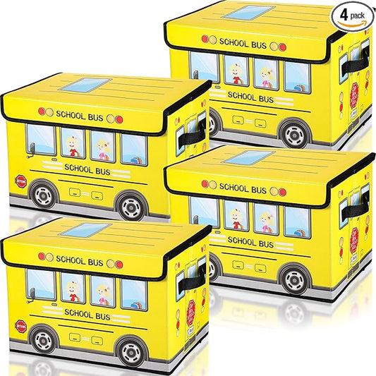 4 Pcs Prize Box for Classroom, School Bus Treasure Box Kids Foldable Chest Storage Box Kids Toy Chest with Lid Treasure Storage Organizer Bin for Kids Teachers Toy Prizes Awards for Students