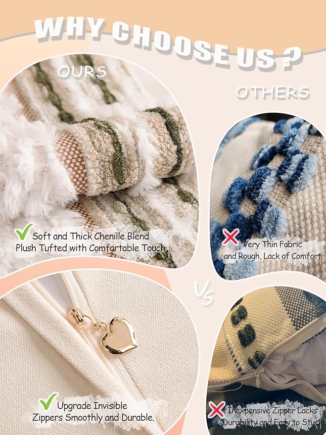 Boho Chenille Tufted Couch Throw Pillow Covers 18x18 Inch Set of 2 Farmhouse Striped Decorative Pillow Covers Accent Neutral Square Pillowcase Green Cushion Covers for Livingroom Sofa Bed