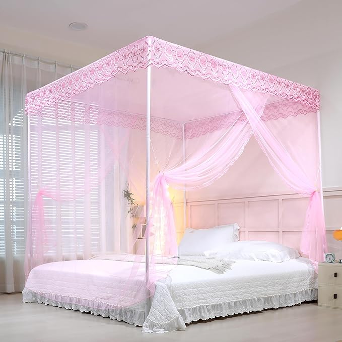 Bed Canopy, Princess Bed Curtain Net for Girls & Adults，Three-Doors Rectangle Lace Dome Netting (Baby Pink, King)