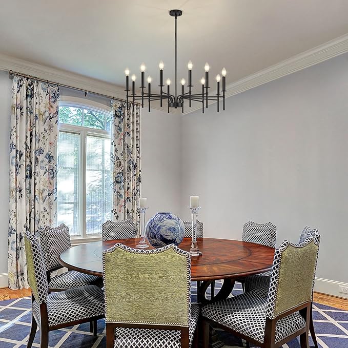 12 Light Black Chandelier Light Fixture, Modern Farmhouse Chandeliers for Dining Room Light Fixture, Metal Candle Pendant Chandelier for Foyer Entryway Stairs Living Room Bedroom Kitchen