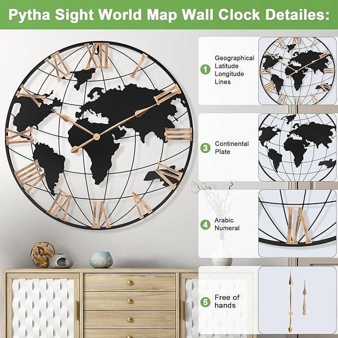 36 Inch Extra Giant Oversized Black Metal Wall Clock,Large Modern Decorative Silent World Map Wall Clock with Vintage Gold Roman Numeral for Living Room,Entrance Fireplace,Dining Room Decor