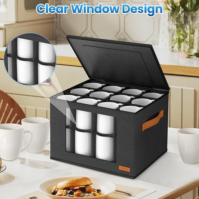 2-Layer Coffee Mug Storage Box with Dividers, Coffee Cup Storage Organizer with Zipper Lid and Handles, Stackable Mug and Cup organizer Service for 24 Coffee Mugs, Cups and Glasses, Dark Grey
