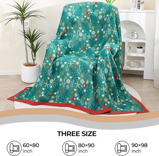 Boho Throw Blanket, 100% Organic Cotton Skin-Friendly Breathable Ultra Soft Bed Quilt Throw - All Season Blue & Red FishFarmhouse Decor Blanket for Sofa Couch Chair and Gift. 60" x 80"
