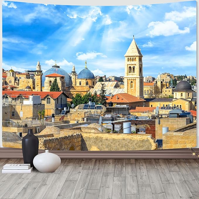 AMM Western Wall Tapestry Jerusalem Old City Church Tapestry for Bedroom Aesthetic Mediterranean Landscape Tapestries Wall Hanging for Living Room Dorm Office 80 x 60 Inch