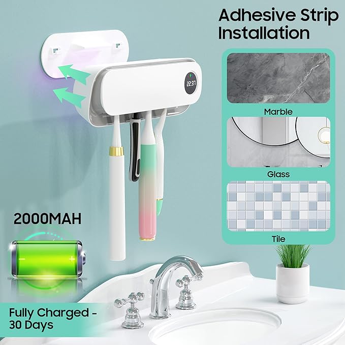 BlueBark UV Toothbrush Holders for Bathrooms, Air DryingHolder Smart Home Bathroom Accessories, Timer Function & 5 Toothbrush Slots, Toothbrush Holder Wall Mounted with Replaceable Slot