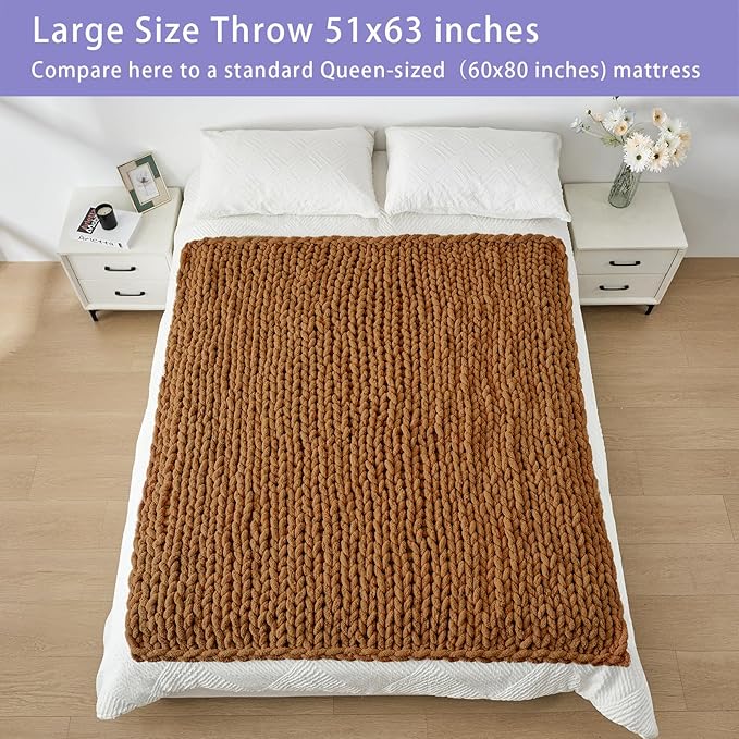 Bigacogo Chunky Knit Throw Blanket for Couch, 51x63 inches, 100% Hand Knitted with Thick Jumbo Chenille Yarn, Cozy Soft Large Rope Knot Cable Crochet Blankets for Sofa Bed Living Room, Caramel