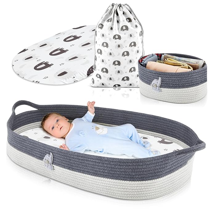 Baby Changing Basket for Dressing Caddy Organizer Moses Basket Dressing Table Foam Diaper Changing Pad Dressing Table Diaper Changing Tablecloth Storage Bag, Elephant