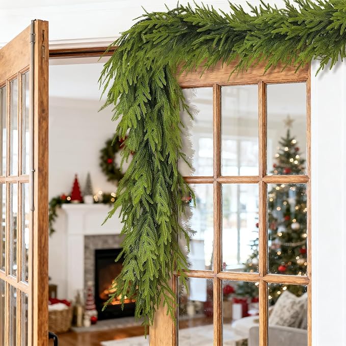 Artificial Norfolk Pine Garland - Faux Christmas Garland Fake Green Garland for Fireplace,Table, Stairs, Mantle, Window,Indoor Outdoor,Home,Holiday Decor (2 PCS,9 FT)