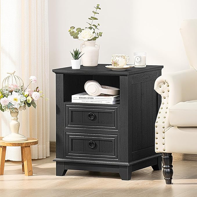 18" Farmhouse Night Stand with Charging Station, 2 Drawers End Table Dresser for Bedroom, Black Wooden Nightstand, Bed Side Table with Open Shelf, Bedside Cabinet for Living Room, Closet