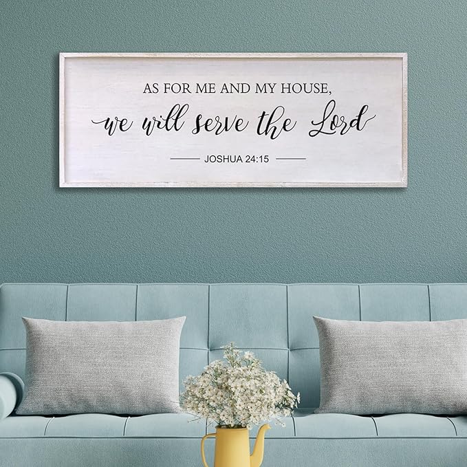 As for Me and My House We Will Serve the Lord Wall Decor - 32" x 12" Large Rustic Family Living Room Wood Framed Home Sign Joshua 24 15 Christian Bible Verse Plaque Hanging Wall Art(White)