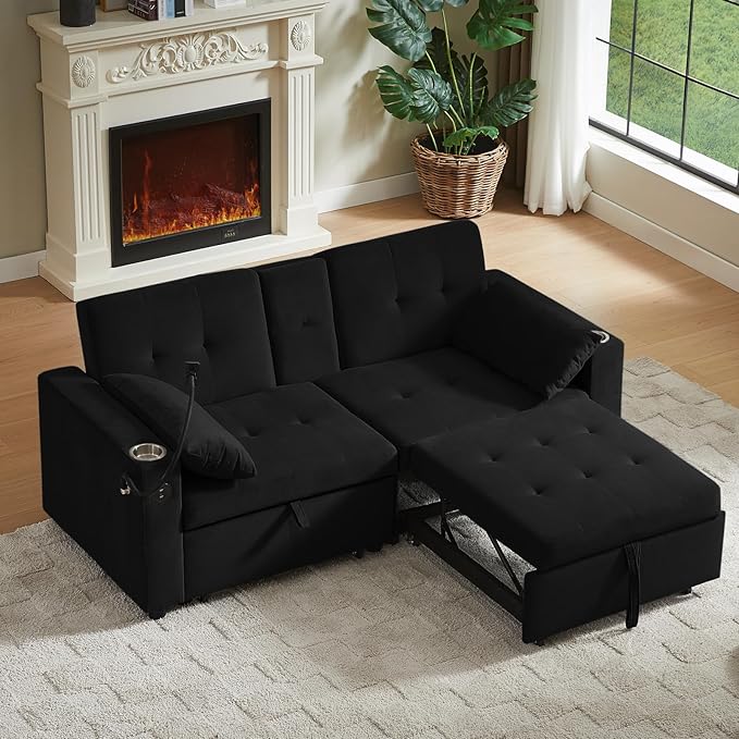 70" Queen Size Sofa Bed for Living Room – Pull-Out Sleeper Sofa Couch with Cup Holder, Phone Holder, USB Charging Port, Solid Wood Frame, Easy Assembly, Space-Saving Design for Small Apartments