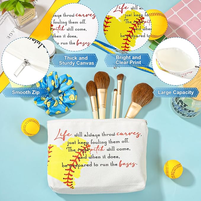 4 Pcs Softball Gifts Softball Glass Cup 16oz Softball Water Bottles Inspirational Softball Theme Makeup Bag Softball Bracelet Elastic Softball Scrunchies Softball Accessories for Girls Back to School