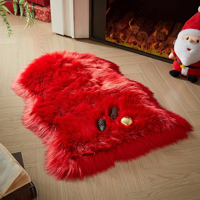 AMTOVO Faux Fur Rug, Red Small Area Rug, Fluffy Sheepskin Rug, Fuzzy Ultra Soft 2 x 3 ft Shag Rugs for Bedroom Sofa Throw Cushion Room Decor, Sheepskin