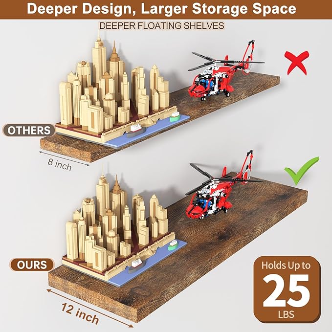 12 Inch Deep Floating Shelves for Wall 2 Pack Floating Shelves Large Storage Space Wall Mount Shelf for Living Room Kitchen Bathroom 36" W x 12" D x 1.2" H Rustic Brown