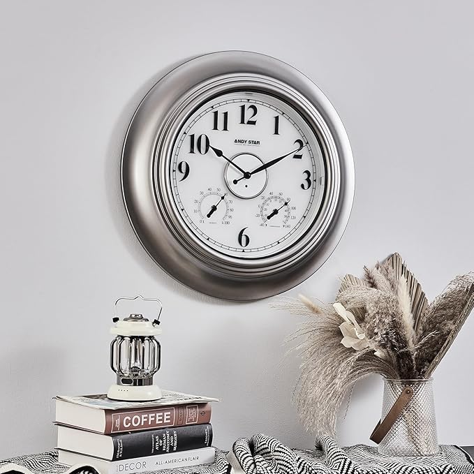 Andy Star 21 Inch Silver Illuminated Outdoor Wall Clock Waterproof with Thermometer and Hygrometer, Oversized Battery Operated Round Wall Clock, Big Silent Non Ticking Clock for Patio Pool Garden