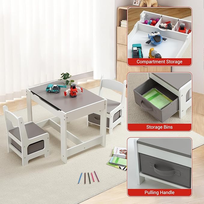 4-in-1 Kids Activity Table Set, Kids Table and Chair Set with/Storage, Removable Tabletop, Chalkboard, 3-Piece Toddler Furniture Set for Art, Crafts, Drawing, Reading, Playroom
