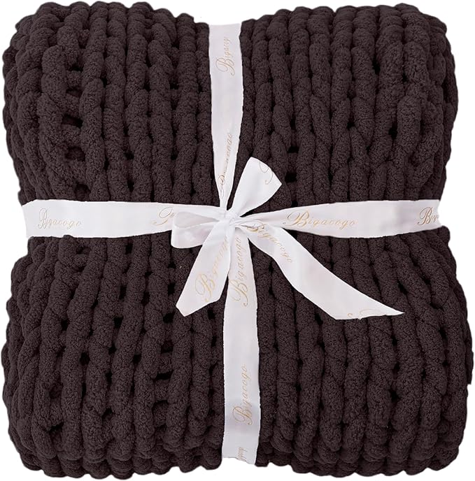 Bigacogo Chunky Knit Throw Blanket for Couch, 40x80 inches, 100% Hand Knitted with Thick Jumbo Chenille Yarn, Cozy Soft Large Rope Knot Cable Crochet Blankets for Sofa Bed Living Room, Chocolate