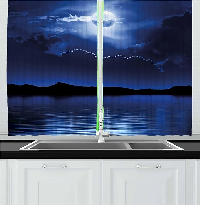 Ambesonne Night Kitchen Curtains, Fantasy Moon and Clouds Over Calm Water Seascape Dramatic Cloudy Dark Sky, Window Drapes 2 Panel Set for Kitchen Cafe Decor, 55" x 36", Navy Blue