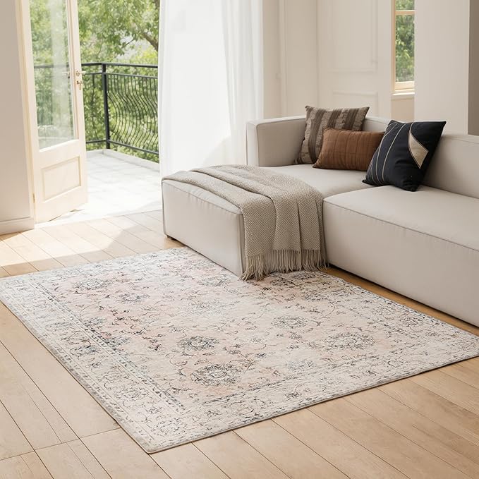 3'x5' Vintage Floral Rug - Persian Inspired Low-Pile Faux Wool Area Rug, Non-Slip Washable Small Rug for Bedroom, Nursery, Dorm, Soft Pink Boho Chic Decor