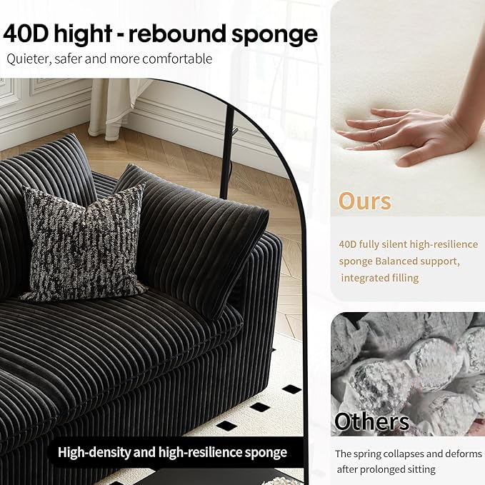 118" Cloud Couch Modular Sectional Sofa for Living Room,Modern Sofa with Deep Seat，L-Shape Boneless Couch with Ottoman,Comfy Upholstered Corduroy Couches for Apartment, Studio, Office,Bedroom，Black
