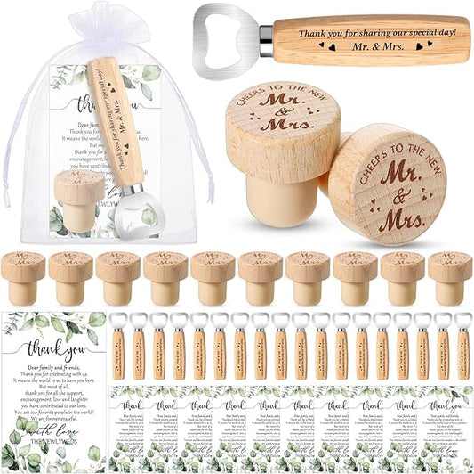 Barydat 36 Sets Wedding Favors for Guests Mr and Mrs Wooden Wine Stopper Cork Beer Bottle Opener with Wedding Thank You Gift Card Organza Bag Wedding Gifts for Engagement Bridal Shower Party Supplies
