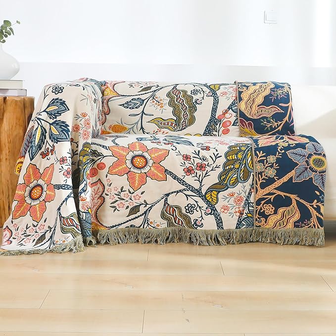 Boho Large Throw Blanket for Bed -100% Cotton Colorful Bed Throw, Ultra Soft Farmhouse Decor Bedding,80" x 90" Travel Blanket Rustic Throw for Picnic Sofa Couch Chair White&Blue